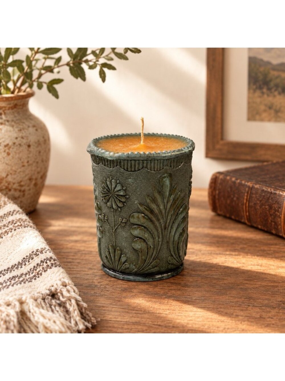 Vintage Floral Blue Embossed Wax Pillar Candle Lightly Scented 4" Boho Decor